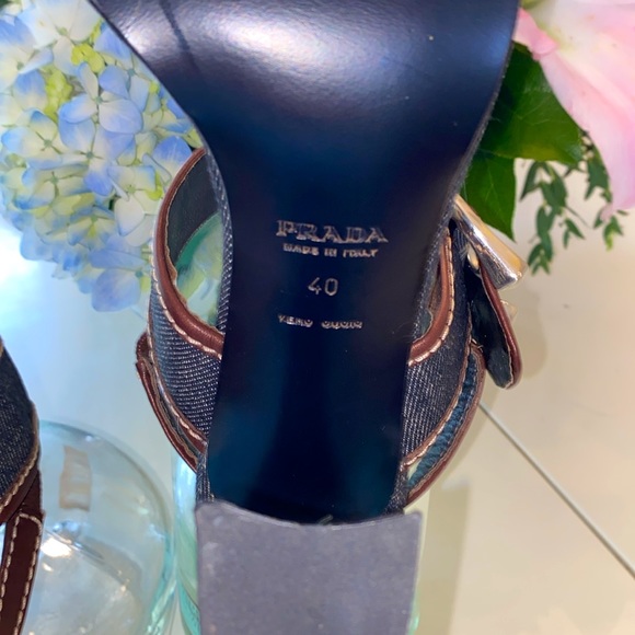 🎩Like new Prada heels perfect condition🎁denim and leather flared heel sandals - Picture 4 of 4